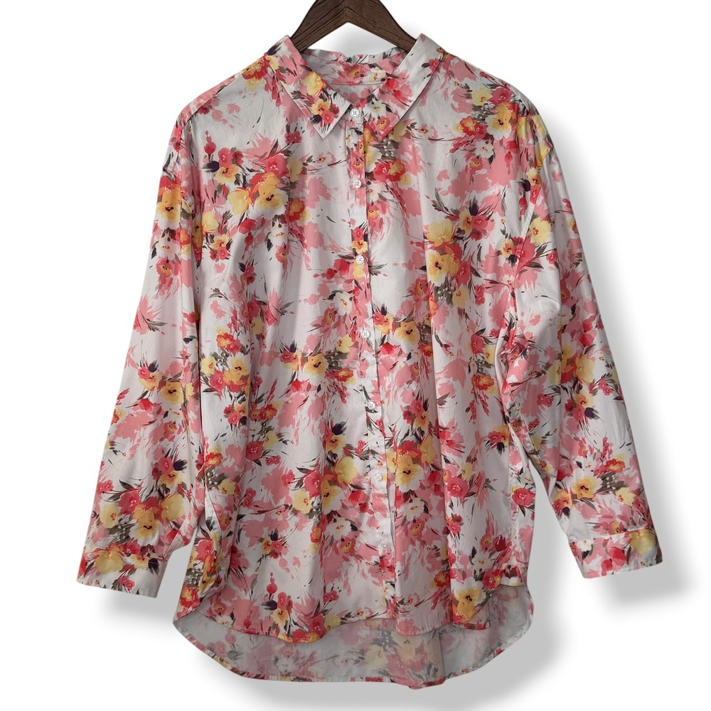 Gloria Vanderbilt Amanda Shirt 2X Pink Floral Oversized 100% Cotton Roll Tab NWT